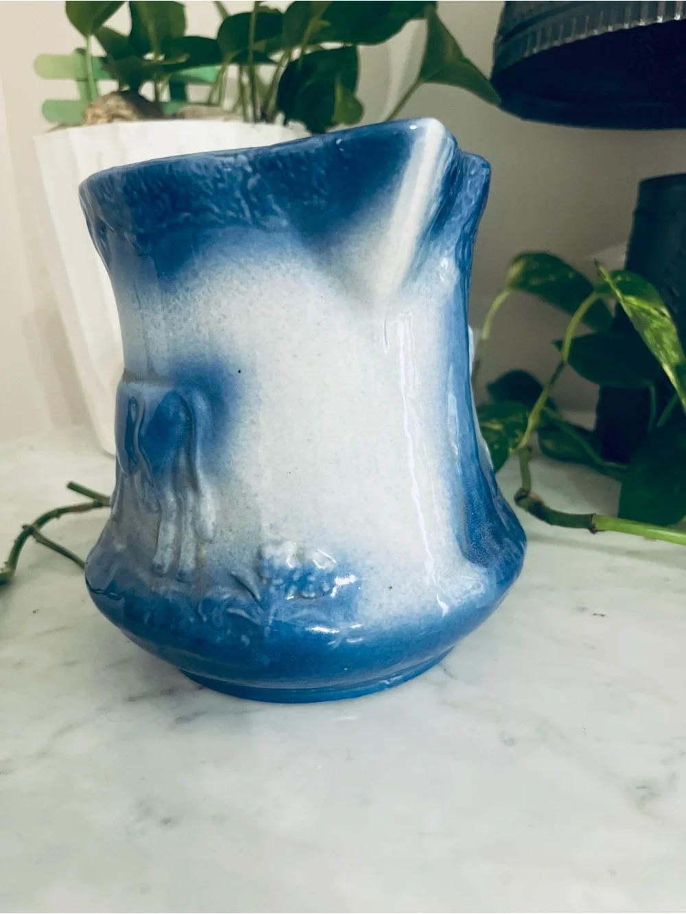 Vintage Blue Salt Glazed Stoneware Pitcher Cow in Pasture Flowers